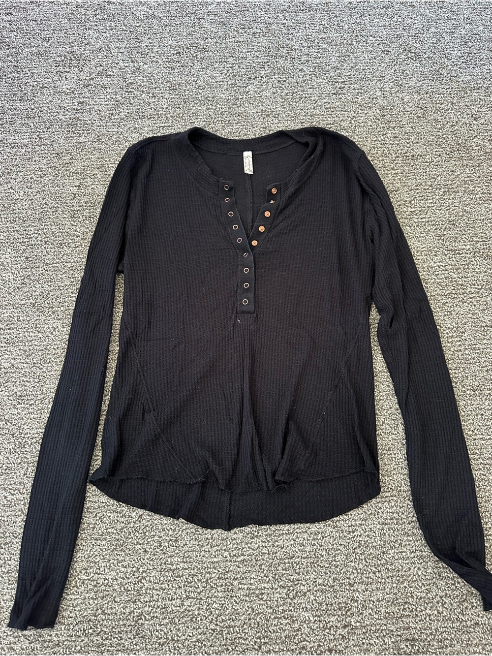 Free People Black Waffle Knit Long-Sleeve Henley Top